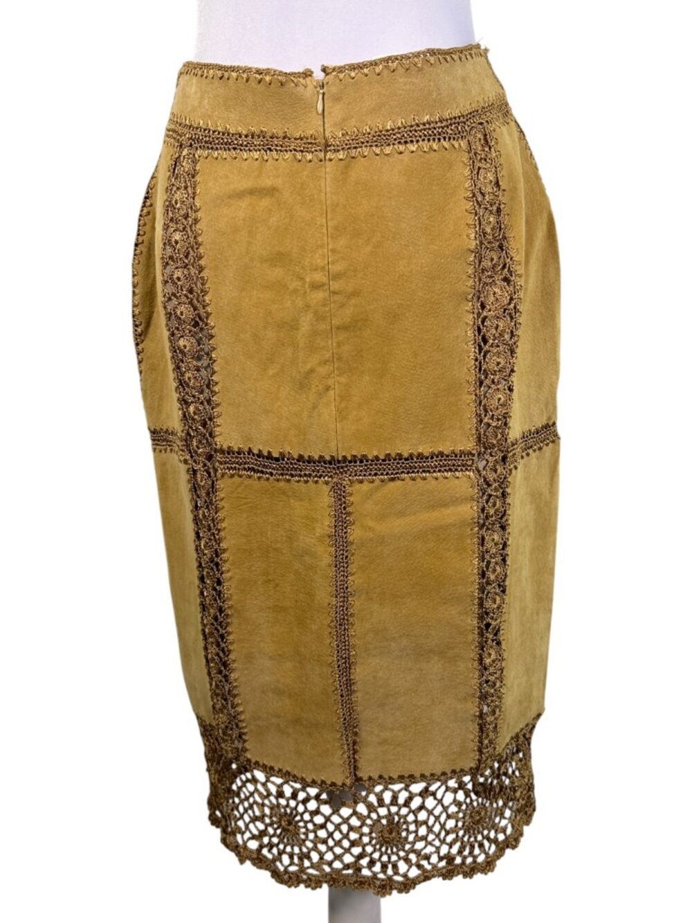 Vintage IDI by Matthew Camel Leather Crochet Trim Midi Pencil Skirt | Size L - Picture 6 of 10